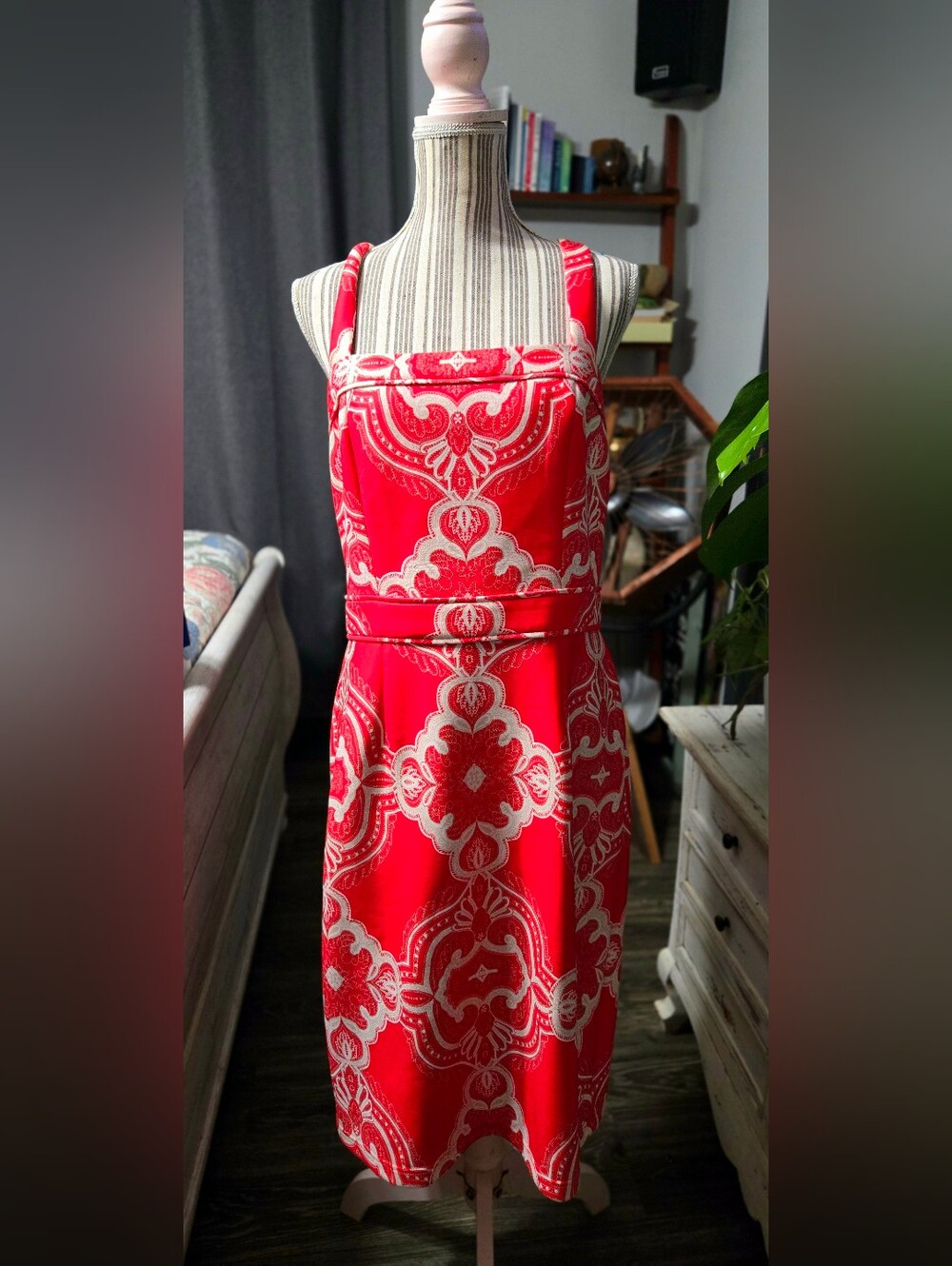 Adrianna Papell Red and Cream Decorative Midi Dress